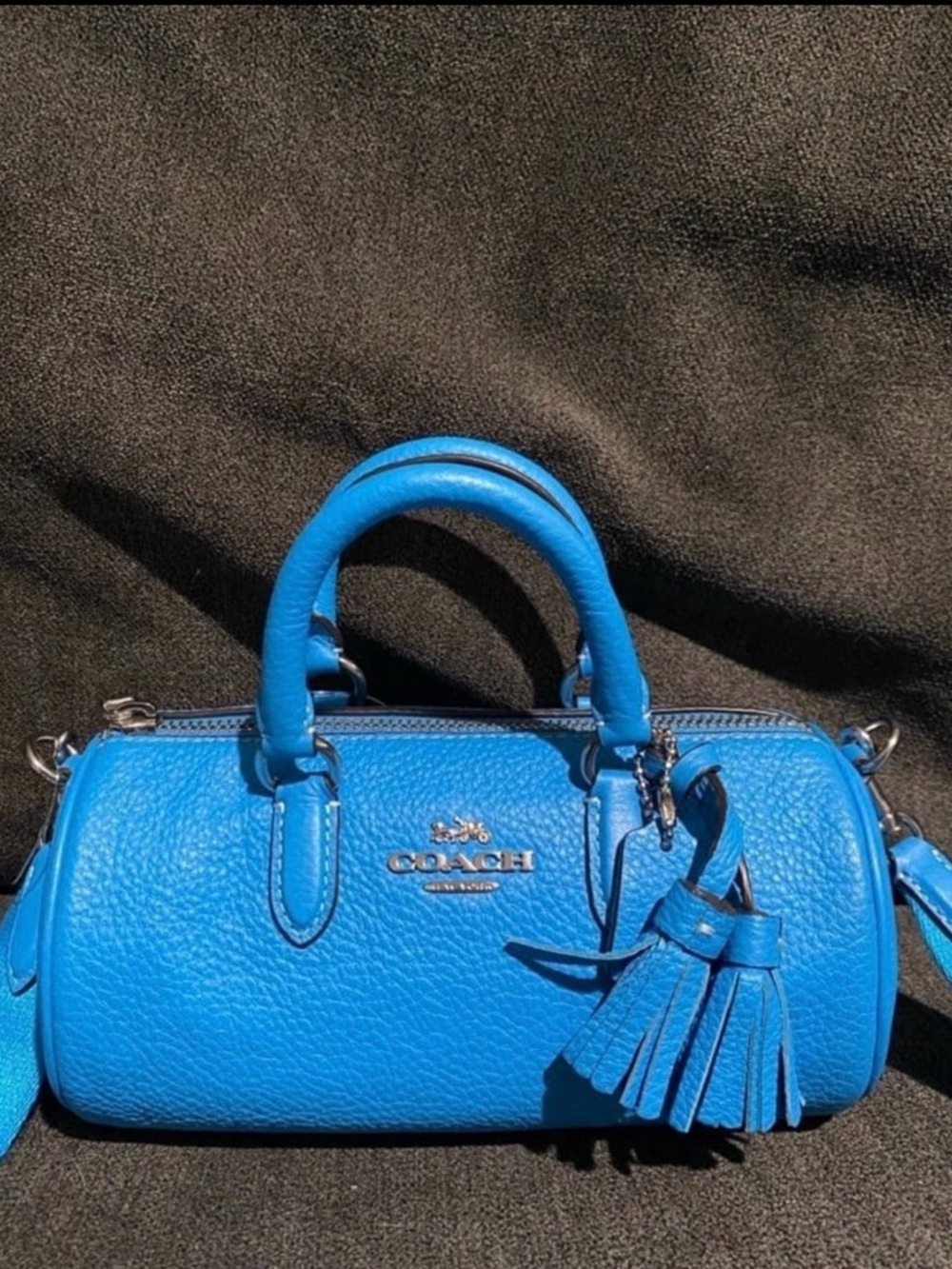 NWT Coach Electric Blue Pebbled Leather Mini Barrel Bag with Tassel